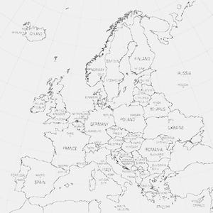 Pode incluir: Um mapa da Europa em arte linear a preto e branco, apresentando países claramente rotulados e as suas respetivas capitais. O mapa inclui fronteiras nacionais, contornos geográficos e linhas de grelha para uma representação clara.