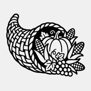 May include: A black and white graphic illustration of a cornucopia overflowing with harvest produce. The design features a woven horn shape filled with a central pumpkin, multiple ears of corn, grape clusters, and various leaves in a bold style.