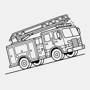 Peut inclure: Une illustration en noir et blanc au trait représentant un camion de pompiers avec une grande échelle montée sur le toit, une calandre avant, des compartiments latéraux et des roues. Le véhicule est incliné vers le haut.