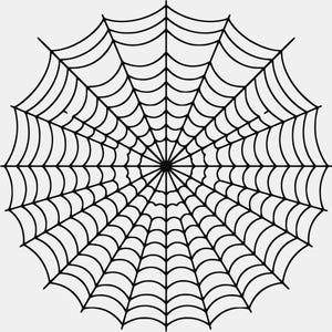 May include: A black spider web illustration featuring a symmetrical radial pattern with a central point and multiple concentric rings connected by straight lines, creating a classic circular web design on a plain light gray background.