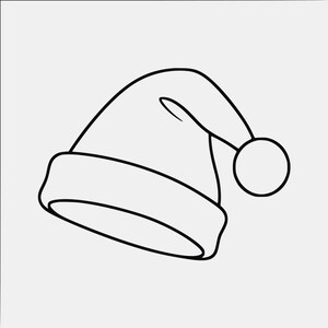 Könnte beinhalten: Eine schwarz-weiße Strichzeichnung einer Weihnachtsmütze. Das Design zeigt den einfachen Umriss der klassischen kegelförmigen Mütze mit einem umgeschlagenen Rand an der Basis und einem kreisförmigen Bommel an der Spitze in einem klaren Stil.