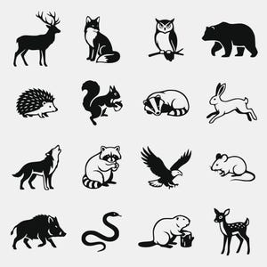 Könnte beinhalten: Eine Sammlung von sechzehn schwarzen Silhouetten-Symbolen, die verschiedene Waldtiere darstellen, darunter ein Hirsch, Fuchs, Eule, Bär, Igel, Eichhörnchen, Dachs, Hase, Wolf, Waschbär, Adler, Maus, Wildschwein, Schlange, Biber und ein geflecktes Rehkitz.