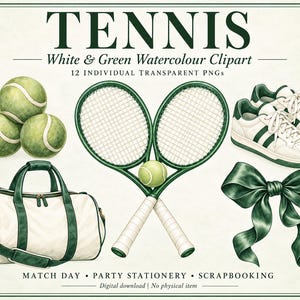 Puede incluir: Una colección de ilustraciones en acuarela con temática de tenis que incluye tres pelotas de tenis, dos raquetas cruzadas con una pelota, una bolsa de deporte blanca y verde, un par de zapatillas blancas y verdes y un lazo verde oscuro. El texto dice TENNIS.