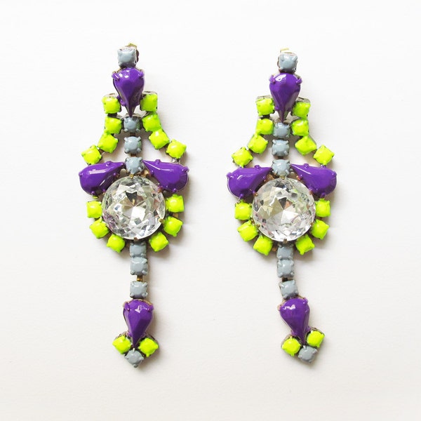 Amazing Chunky Neon and Purple Rhinestone Earrings