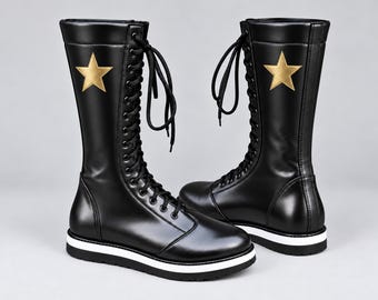Chaussures de catch professionnel | Bottes Gold Star en cuir noir | Modèle long à lacets, fait main