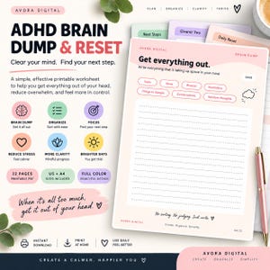 May include: A digital ADHD brain dump and reset printable worksheet by Avora Digital. The document features a pink header with the text Get everything out, a section for writing, and various icons. A gold pen rests on the right side of the page.