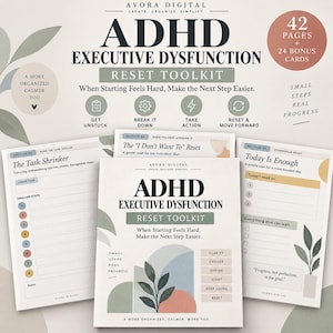 Może przedstawiać: Cyfrowy zestaw planera ADHD Executive Dysfunction Reset Toolkit zawierający 42 strony i 24 karty bonusowe. Okładka i strony wewnętrzne zawierają wskazówki organizacyjne, listy zadań oraz sekcje wyznaczania celów w stonowanej kolorystyce.