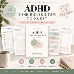 Puede incluir: Un kit digital de desglose de tareas TDAH con 22 páginas de planificadores imprimibles. El conjunto incluye un planificador diario, un rastreador de progreso y hojas de tareas con tonos verde salvia y rosa empolvado.