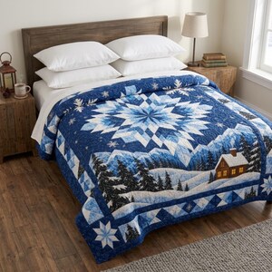 May include: A quilt featuring a large central blue and white star pattern, surrounded by a winter landscape with snow-covered pine trees and a small cabin. The bedding is layered over white pillows on a bed with a dark wooden headboard.