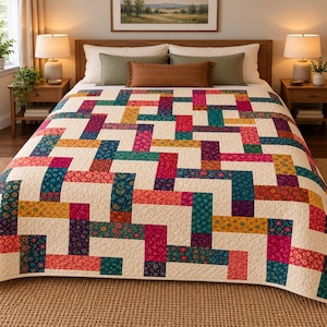 Colorful Patchwork Quilt 72x84 Inch Handmade Floral Bedspread Cozy Cotton Farmhouse Bedding Home Decor