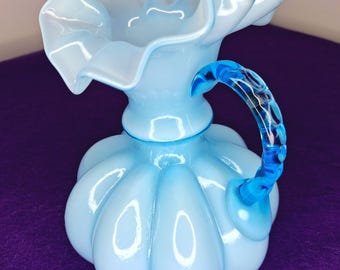 Vintage 1950s Fenton Powder Blue Opalescent Ruffled Melon Pitcher 4.5" Beaded Handle