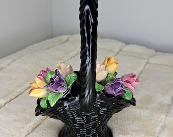 Vintage Black Amethyst Dugan Basket, Coalport Bone China Floral Figurines (5.5" & 2")