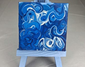 Abstract Wall Art Fridge Magnet, Mini Canvas Blue and White Swirl Pattern Acrylic 2.5x2.5"