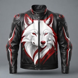 Könnte beinhalten: Eine schwarze Motorradjacke aus Leder mit einer großen, detaillierten Grafik eines weißen Wolfskopfes mit stechend roten Augen auf der Vorderseite. Die Jacke verfügt über rote und weiße geometrische Akzente an den Ärmeln, Schultern und am Rumpf.