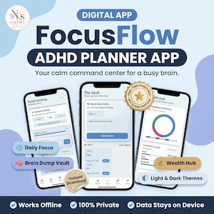 以下が含まれることがあります： 3台のスマートフォンに、Rapid Brain Dump、Wealth Hub、Daily Focusなどの機能を備えたFocusFlow ADHD Plannerアプリのインターフェースが表示されています。テキストには、Digital App、FocusFlow ADHD Planner App、Your calm command center for a busy brain、One-time purchase no subscriptionが含まれています。