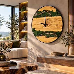Preserved Moss Wall Clock, Natural Olive Wood Decor, Nature Inspired Accent, New Home Gifts