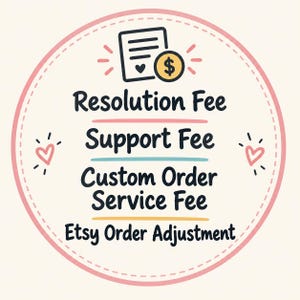 May include: A circular graphic with a pink dashed border containing the text Resolution Fee, Support Fee, Custom Order Service Fee, and Etsy Order Adjustment. Above the text is an icon of a document with a heart and a yellow dollar coin.