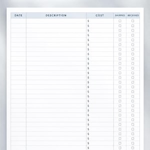May include: A printable PDF online order tracker sheet with a header reading ONLINE ORDER TRACKER. The document features columns for date, description, cost, shipped, and received, with rows for entries and checkboxes at the bottom by THE CHRIS7ELEVEN.