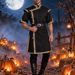 May include: A black tunic with short sleeves, a high collar, and gold trim along the edges. The garment features a diagonal front closure with silver buttons, a black belt with a silver buckle, and matching black trousers with tall boots.