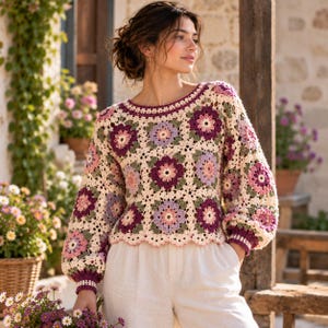 May include: A long-sleeved crochet sweater featuring a repeating floral granny square pattern in shades of cream, dark purple, light pink, and sage green, with a round neckline and ribbed cuffs in a solid dark purple hue.