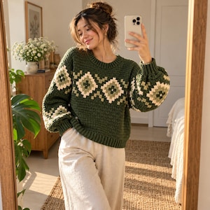May include: A long-sleeved, dark olive green crochet sweater featuring a cream and light green diamond-shaped geometric pattern across the chest and sleeves, with a ribbed crew neckline and ribbed cuffs.