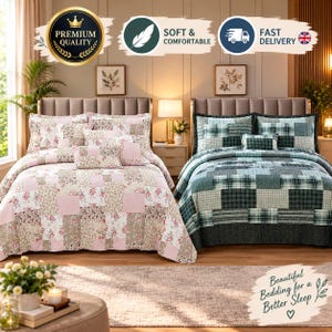 May include: Two bedspreads displayed on beds. The left bedspread features a patchwork design with pink, beige, and floral patterns. The right bedspread features a patchwork design with dark green, light green, and plaid patterns. Both include matching pillows.