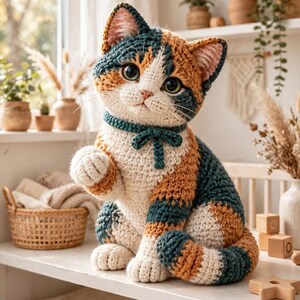 Haakpatroon voor een lapjeskat (PDF), zittende amigurumi met opgeheven poot.
