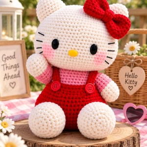May include: A crocheted Hello Kitty doll featuring a white head, a large red bow, black oval eyes, a yellow nose, and pink cheeks. The doll wears a pink shirt under red overalls with two red buttons and has white arms and legs.