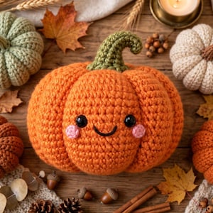 May include: A large orange crocheted pumpkin with a green stem and a smiling face featuring black eyes and pink cheeks, surrounded by four smaller crocheted pumpkins in sage green, cream, and rust colors, accented with scattered autumn leaves.