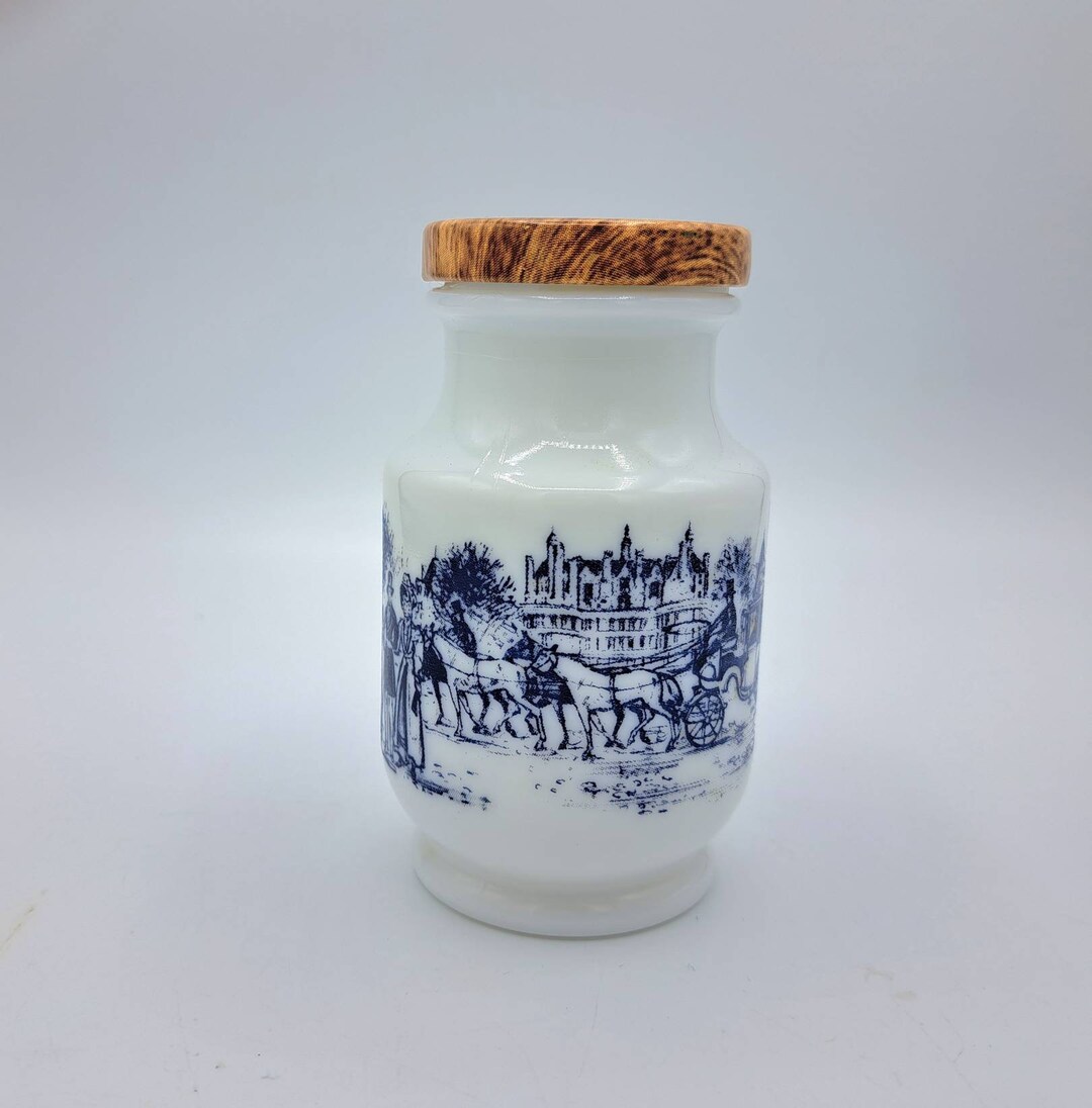 Vintage Milk Glass Mustard Jar, German Blue and White Milkglass
