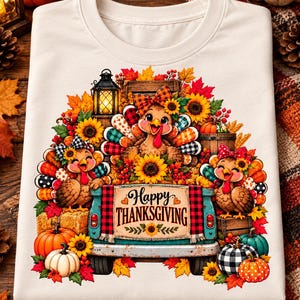 May include: A cream-coloured t-shirt featuring a graphic of a teal pickup truck carrying three turkeys, sunflowers, and pumpkins. The truck tailgate displays the text Happy THANKSGIVING. The design includes autumn leaves, a lantern, and plaid accents.