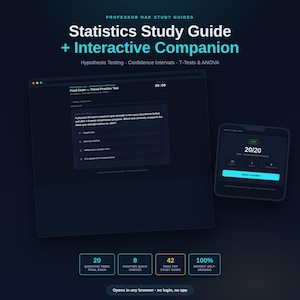 May include: A digital statistics study guide and interactive companion featuring a dark interface with a timed practice test, a 20/20 score summary, and four boxes detailing 20 question final exam, 8 chapter quick checks, 42 page PDF, and 100% instant self-grading.