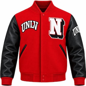 May include: A red varsity jacket with black sleeves, featuring the text UNLV in white on the right chest and a large white letter N with a black outline on the left chest. The jacket has a ribbed collar, cuffs, and hem with snap button closures.