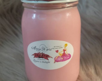 Lovers Delight Soy Wax Candle, 16 ounce size, with Violet, Rose, Plum, Plumeria, cinnamon, sugar, brown sugar, vanilla, caramel, bergamot