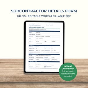 Formular für Subunternehmerdetails (UK), CIS-Onboarding-Vorlage, bearbeitbares Word-Dokument & ausfüllbares PDF, Formular für Bausubunternehmer, Bauverwaltung