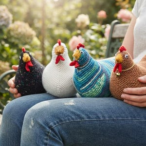 Puede incluir: Cuatro figuras de gallinas tejidas en distintos colores: una gallina negra moteada, una blanca lisa, una gallina a rayas azules y verdes, y una marrón lisa. Cada una tiene un pico amarillo, una cresta roja y ojos móviles.