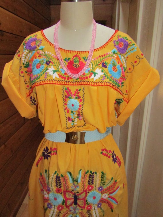 Vintage Boho 1960's Yellow Cotton Embroidered Mex… - image 5