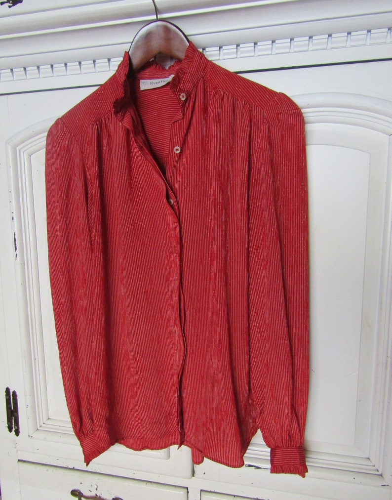Vintage 1980/'s Satin Red Evan Picone Blouse Thin White Stripe Woven Design Poly Blend Long Sleeved Ruffle
