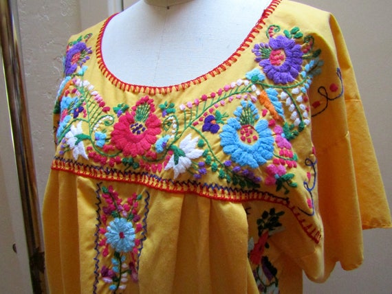 Vintage Boho 1960's Yellow Cotton Embroidered Mex… - image 2