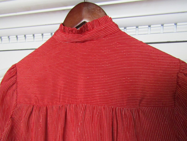 Vintage 1980/'s Satin Red Evan Picone Blouse Thin White Stripe Woven Design Poly Blend Long Sleeved Ruffle