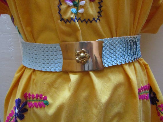 Vintage 1970's Sky Blue Scaled Stretchy Belt with… - image 1