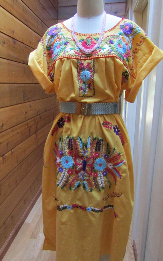 Vintage Boho 1960's Yellow Cotton Embroidered Mex… - image 3