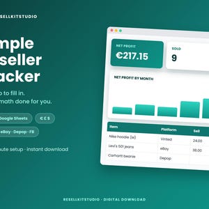 May include: A digital Simple Reseller Tracker spreadsheet interface displayed on a screen. The dashboard features a net profit of €217.15, sales count of 9, and an average ROI of 194%. It includes a bar chart for monthly profit and a table listing items.