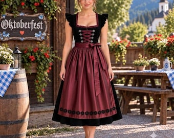 Puede incluir: Un vestido dirndl negro con escote cuadrado, mangas con volantes y un corpiño con ganchos de cordones plateados. La falda es de un color rojo burdeos intenso con acabado satinado, acentuada por un borde de encaje floral negro en el dobladillo.
