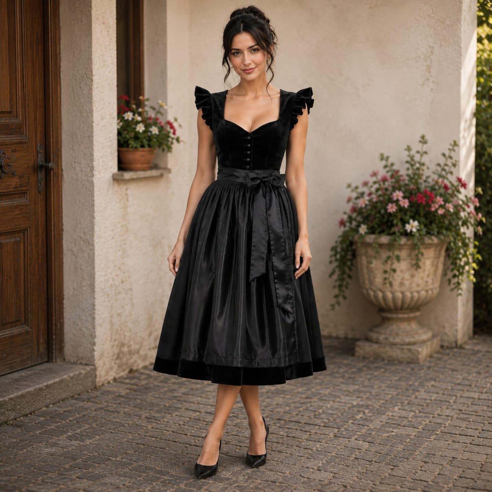 Black Velvet Dirndl Dress with Satin Apron | Oktoberfest Midi Bavarian Outfit 3-Piece