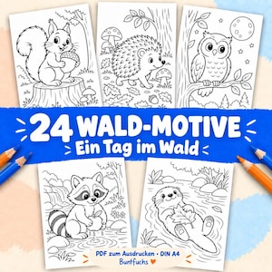 May include: A collection of 24 forest-themed coloring pages featuring black and white line art of a squirrel, hedgehog, owl, raccoon, and otter. The text reads 24 WALD-MOTIVE Ein Tag im Wald, PDF zum Ausdrucken DIN A4, and Buntfuchs.