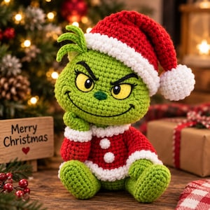Op de afbeelding: Een groene gehaakte pop met gele ogen en een ondeugende uitdrukking, gekleed in een rood-witte kerstmuts en een bijpassende rood-witte jas met twee witte knopen. De pop is gemaakt van garen en heeft een zachte, getextureerde afwerking.