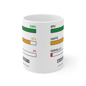 Può includere: Una tazza in ceramica bianca con un design grafico composto da tre barre di avanzamento orizzontali con percentuali. Le barre indicano GPU al 100% in verde, CAFFÈ all'87% in arancione e CERVELLO al 4% in rosso. Il testo STATO DEL SISTEMA è stampato sotto.