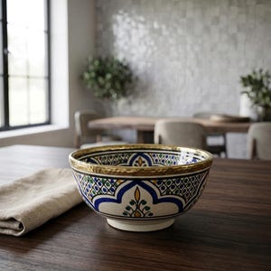 May include: A ceramic bowl featuring a cream-colored base with intricate blue, green, and yellow geometric and floral patterns. The bowl has a wide, hammered gold-toned metal rim that encircles the top edge, providing a metallic contrast.