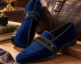 Navy Blue Velvet Loafers for Men, Handmade Luxury Slip-On Dress Shoes